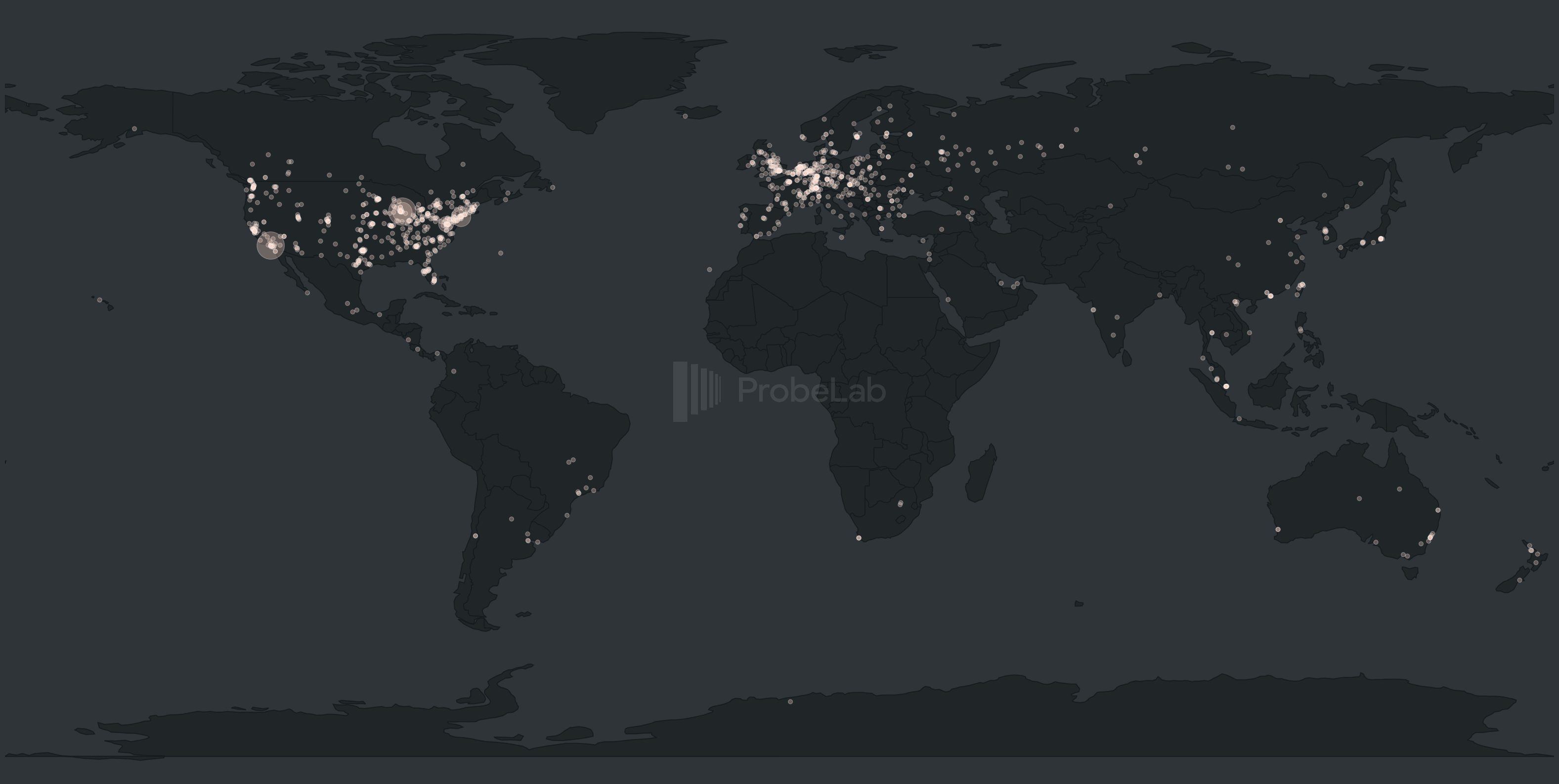 World map with node density dots, concentrated in North America, Europe, and scattered globally.
